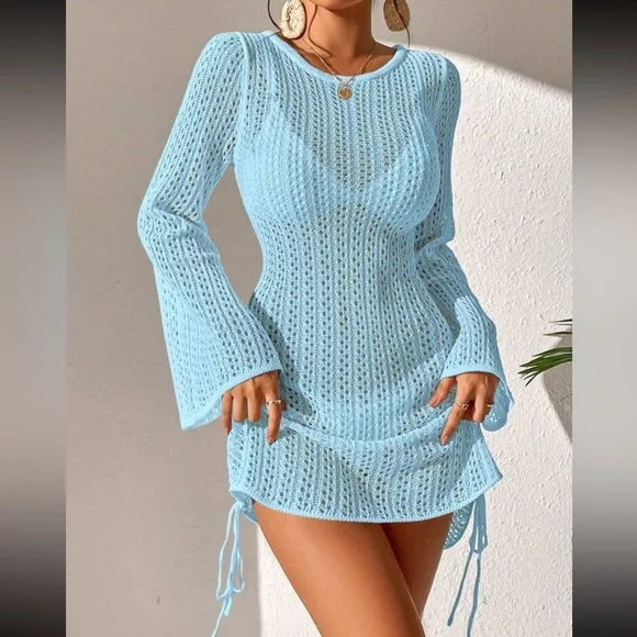 Baby blue crochet ruched tie drawstring side tie back mini cover up dress - Picture 4 of 6
